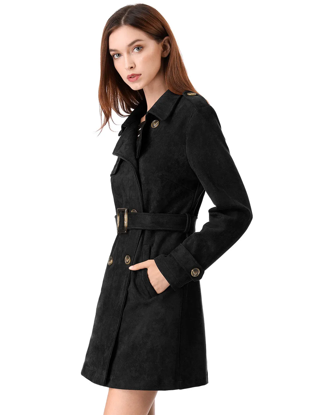 Notched Lapel Double Breasted Faux Suede Trench Coat Jacket with Belt