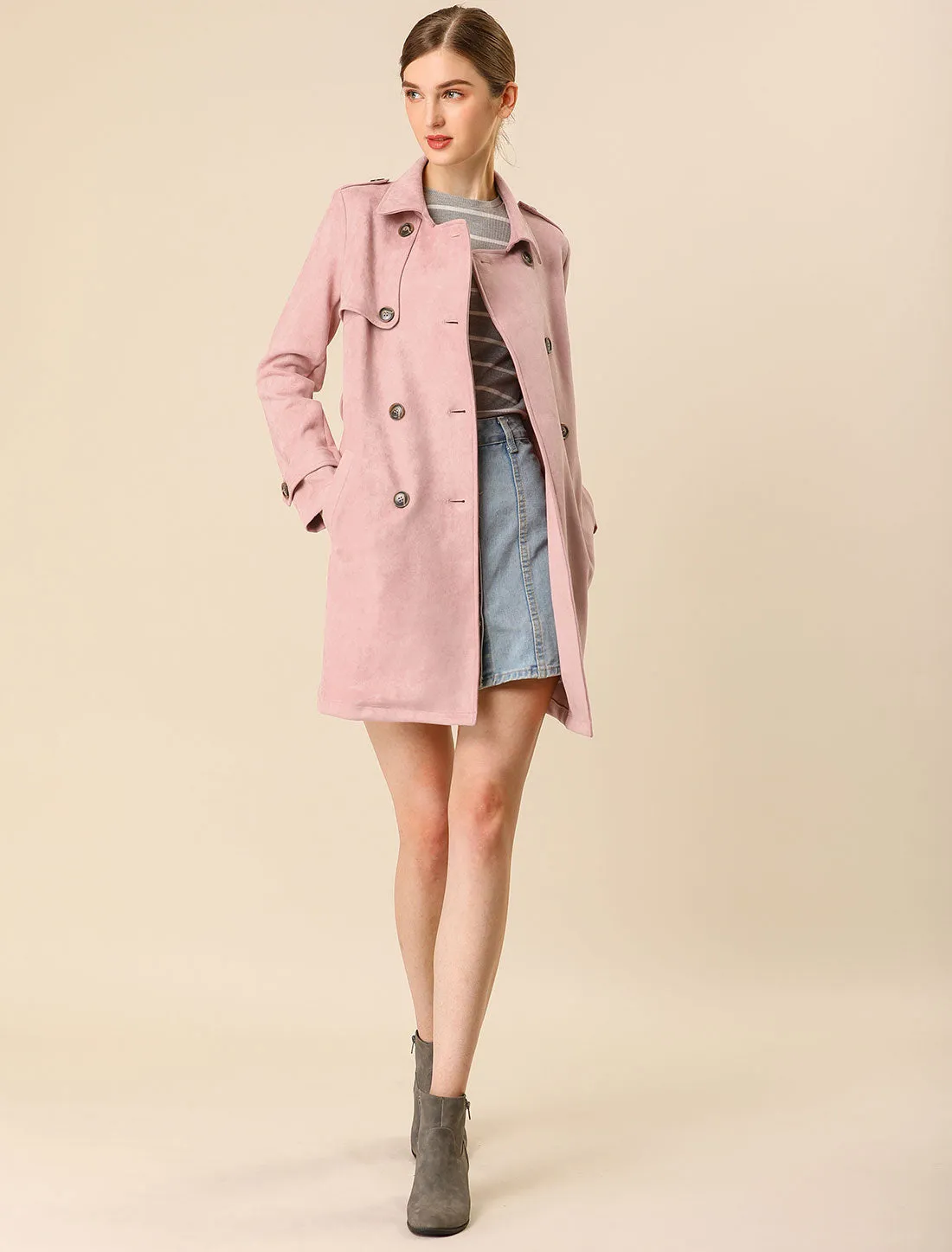 Notched Lapel Double Breasted Faux Suede Trench Coat Jacket with Belt