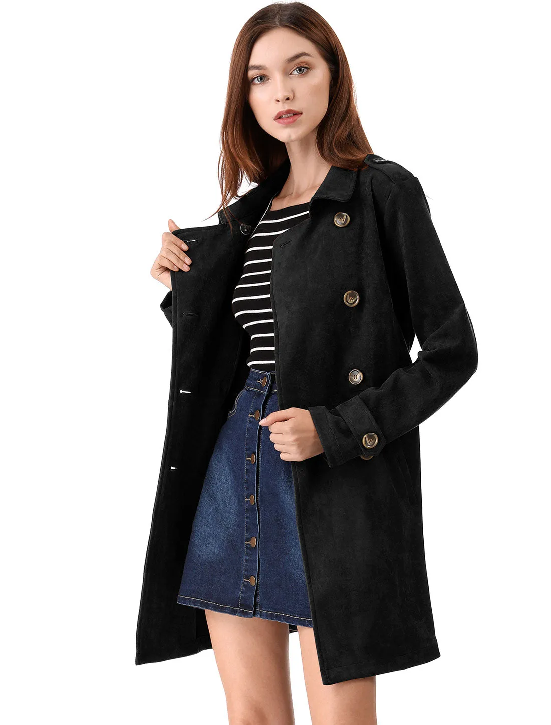 Notched Lapel Double Breasted Faux Suede Trench Coat Jacket with Belt