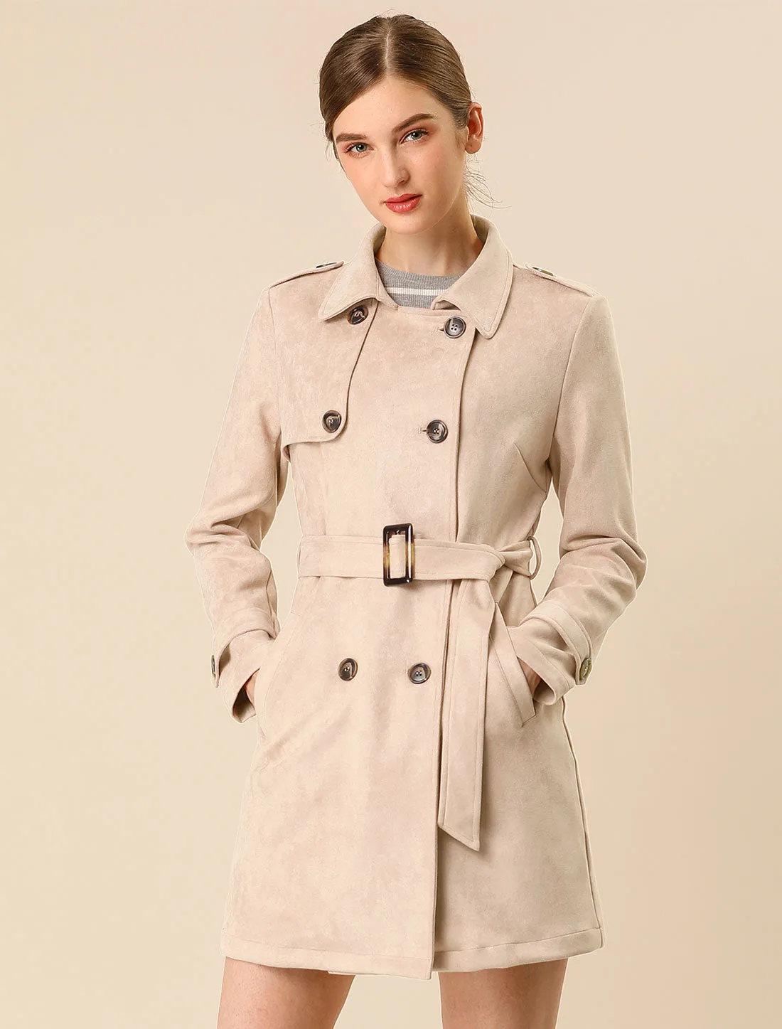 Notched Lapel Double Breasted Faux Suede Trench Coat Jacket with Belt