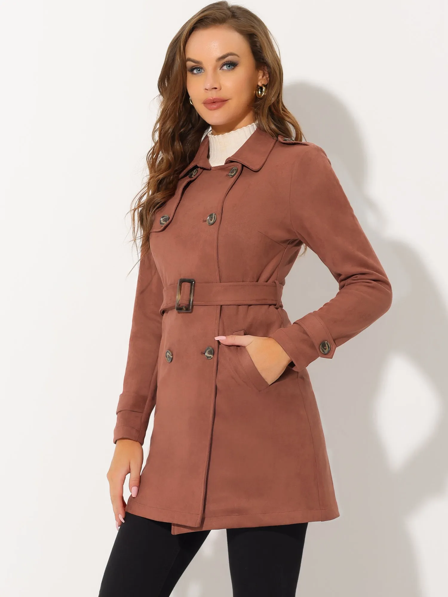 Notched Lapel Double Breasted Faux Suede Trench Coat Jacket with Belt