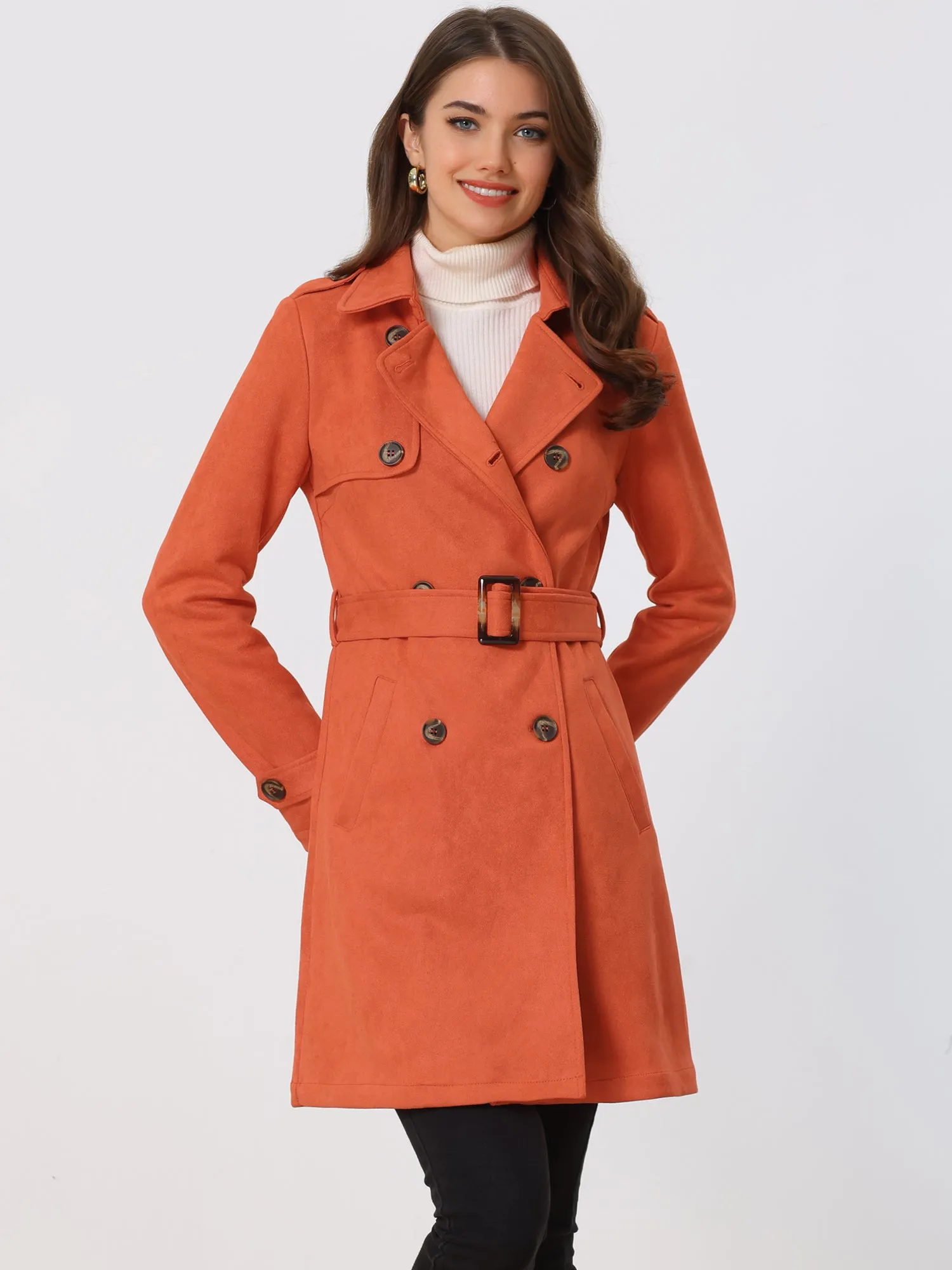 Notched Lapel Double Breasted Faux Suede Trench Coat Jacket with Belt