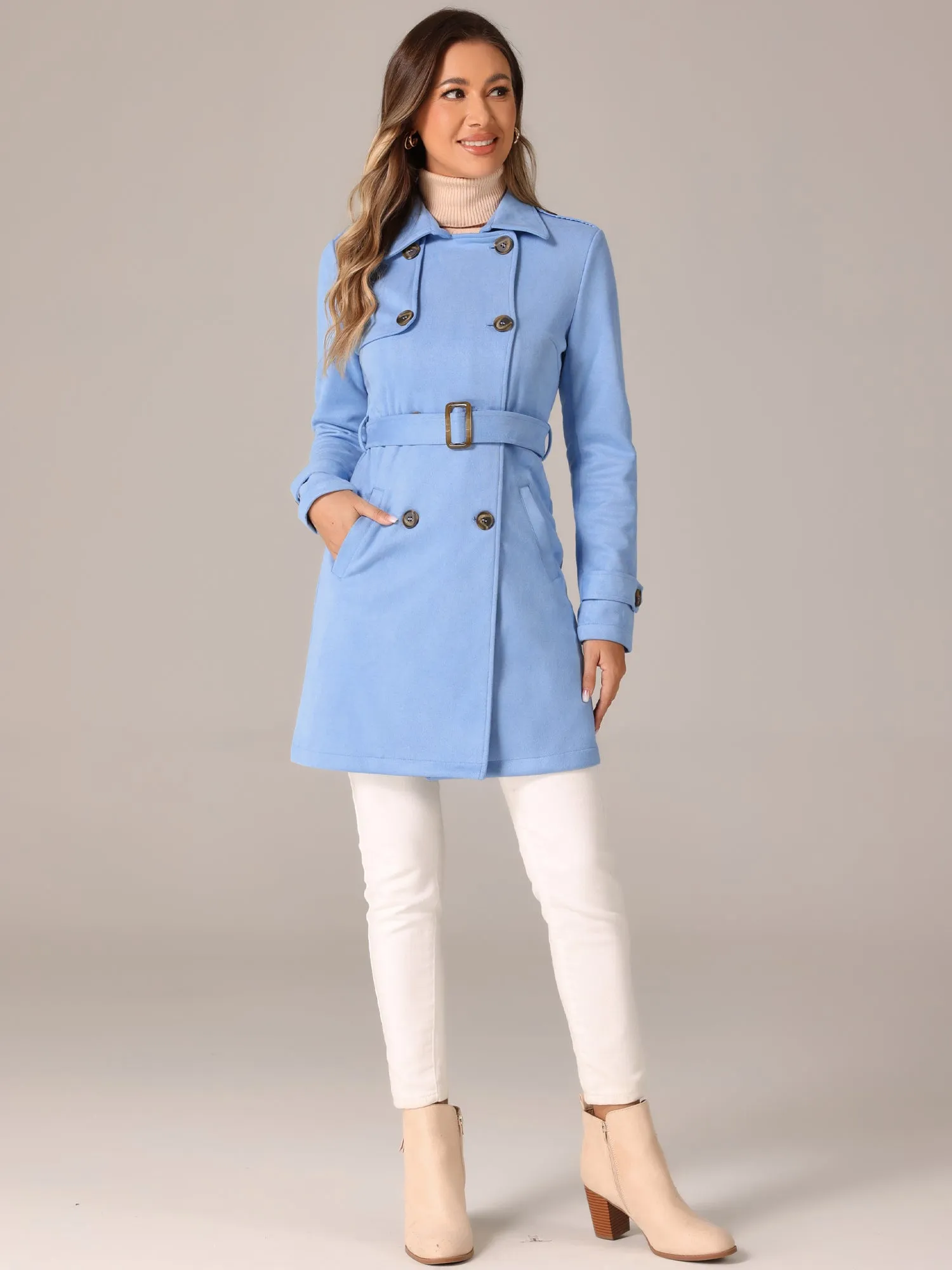 Notched Lapel Double Breasted Faux Suede Trench Coat Jacket with Belt