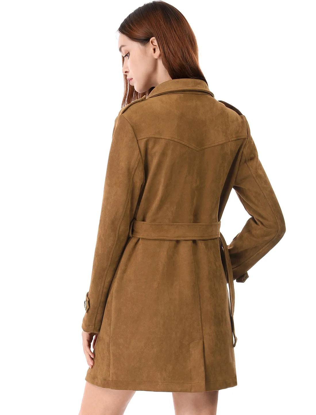 Notched Lapel Double Breasted Faux Suede Trench Coat Jacket with Belt