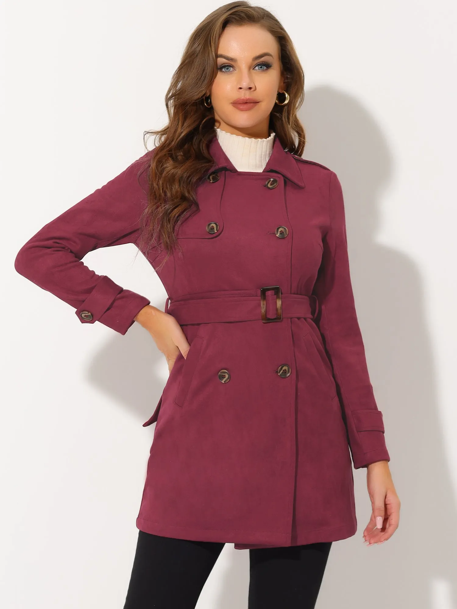 Notched Lapel Double Breasted Faux Suede Trench Coat Jacket with Belt