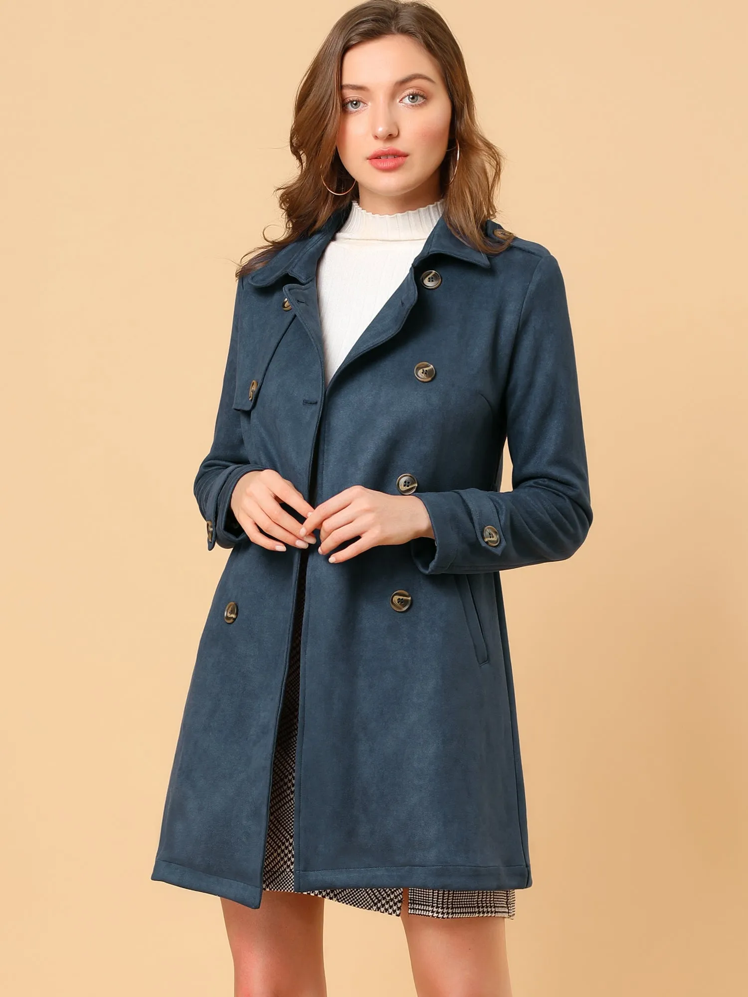 Notched Lapel Double Breasted Faux Suede Trench Coat Jacket with Belt