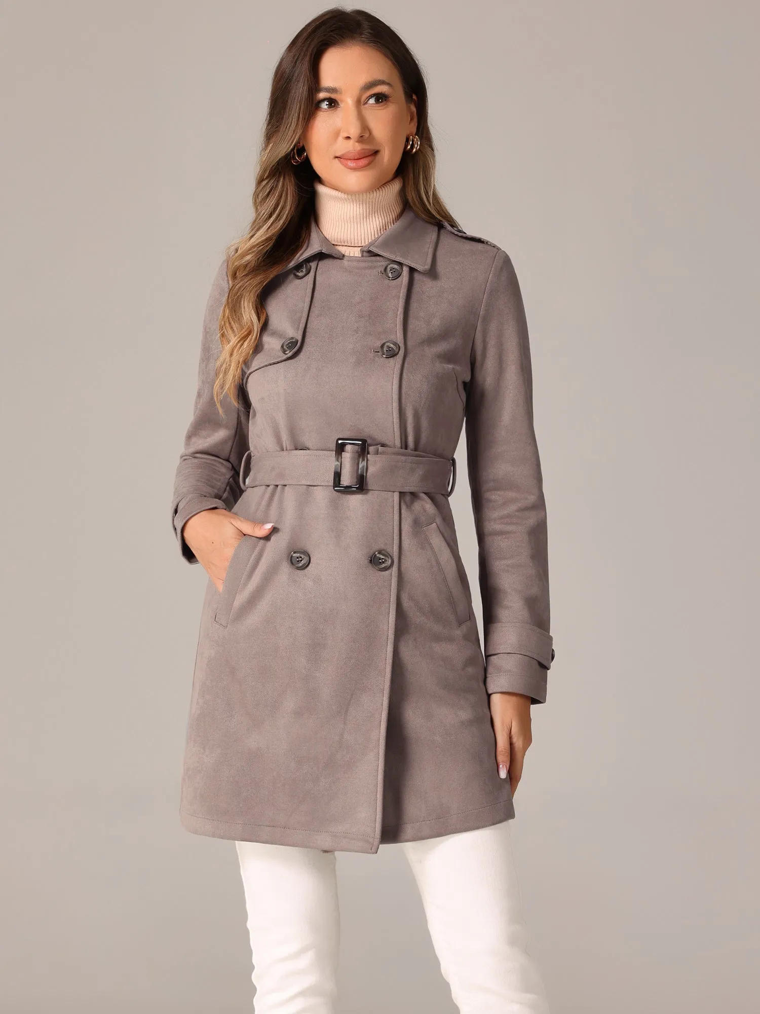 Notched Lapel Double Breasted Faux Suede Trench Coat Jacket with Belt