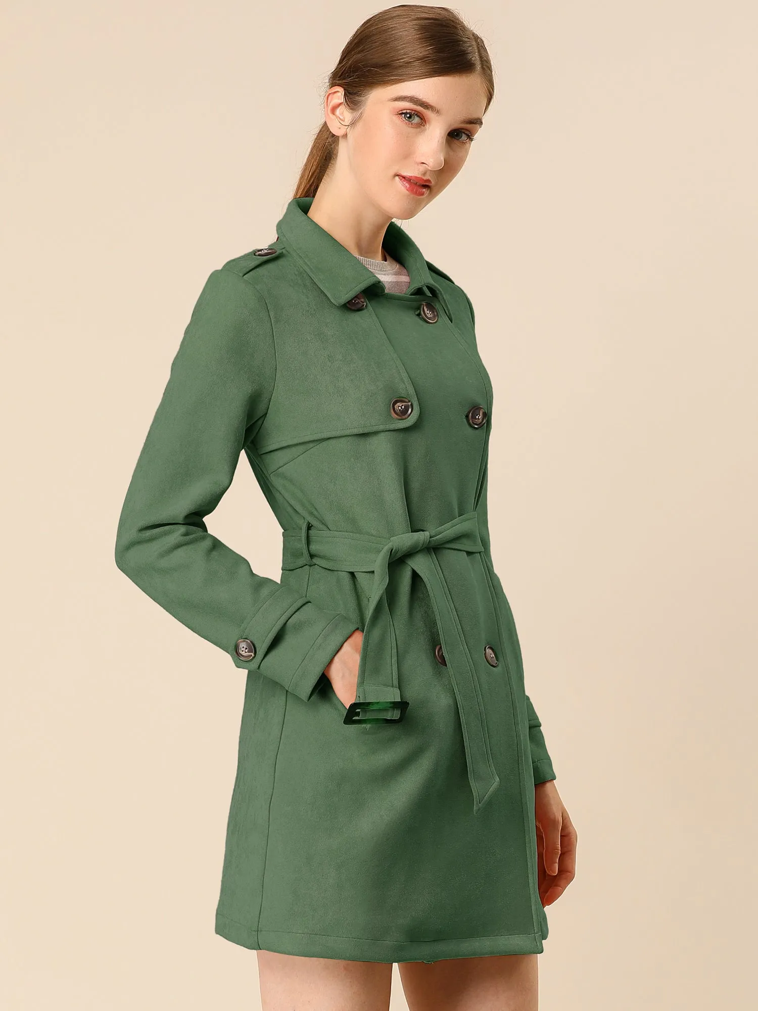 Notched Lapel Double Breasted Faux Suede Trench Coat Jacket with Belt