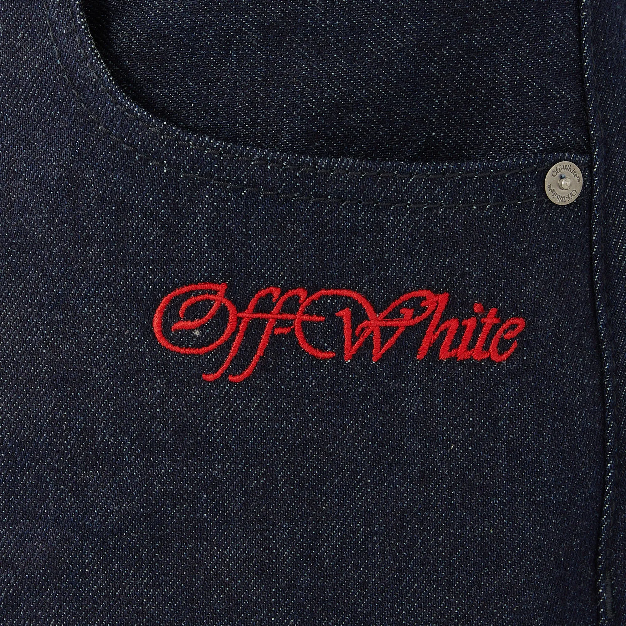 Off-White Script Embroidered Raw Skate Jeans