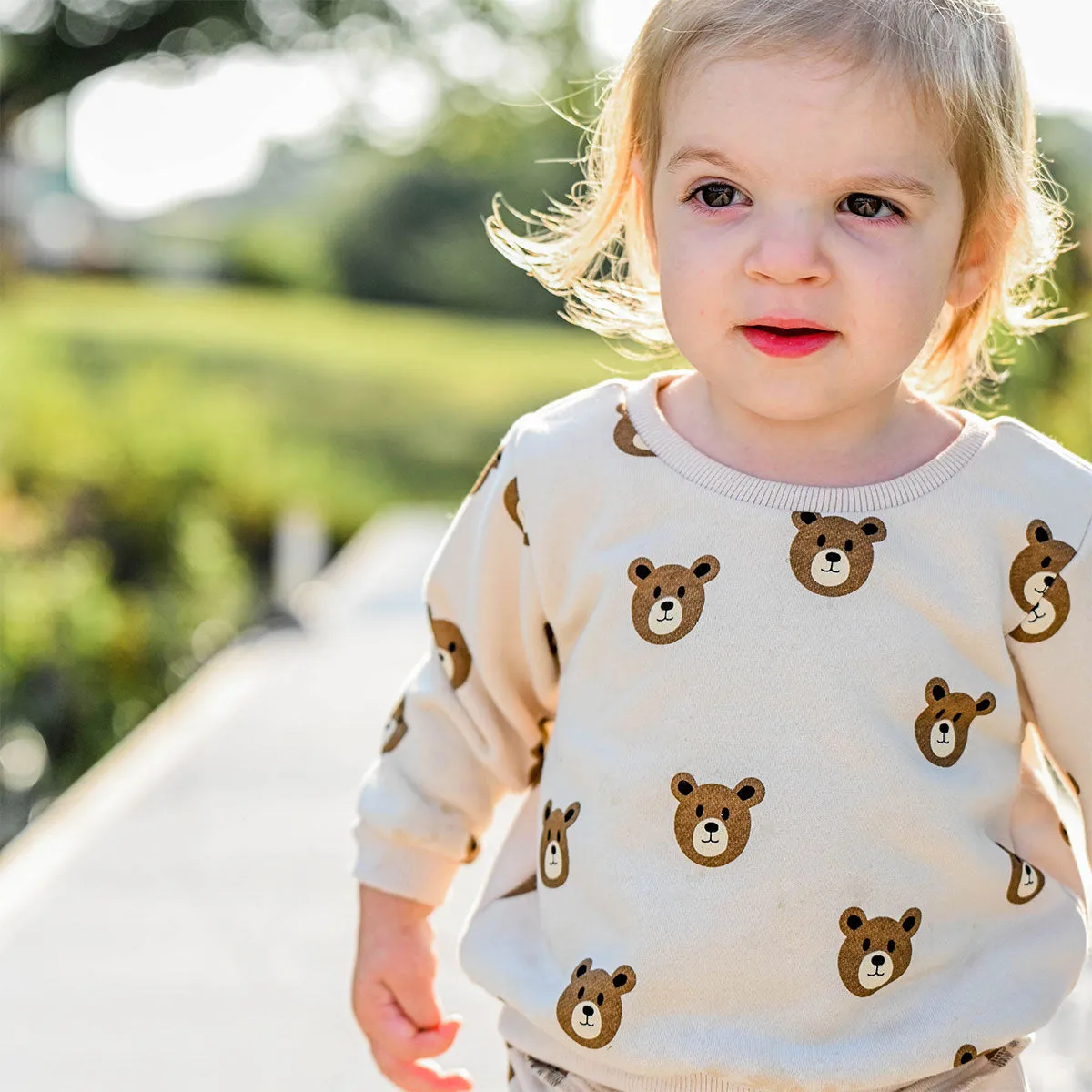 oh baby! Brooklyn Boxy Sweatshirt - Teddy Bear Faces Print - Biscotti