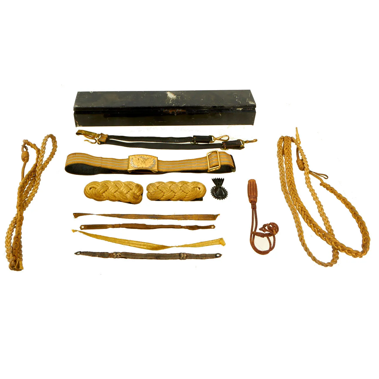 Original U.S. WWI US Army Officer Accouterments lot With Sword Belt and Tin Storage Case - 11 Items