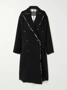 Oversized double-breasted frayed wool-blend coat