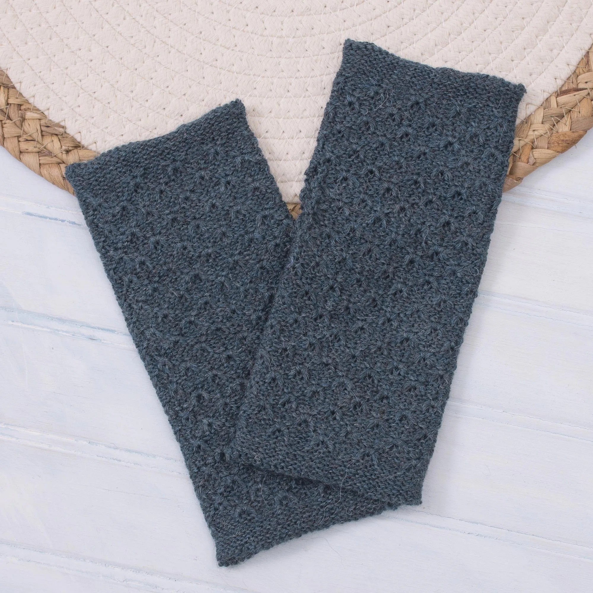 Passionate Pattern in Teal Patterned 100% Baby Alpaca Fingerless Mitts in Teal