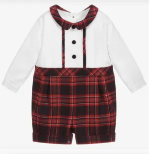 Patachou Baby Boys Long Sleeve Red Tartan Shorts Romper