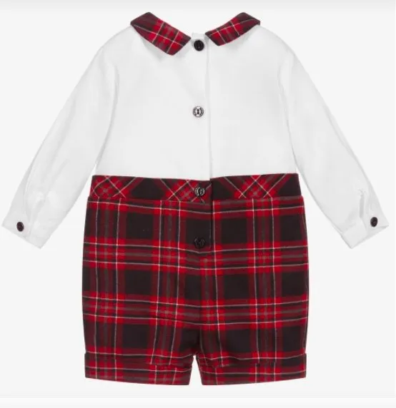 Patachou Baby Boys Long Sleeve Red Tartan Shorts Romper