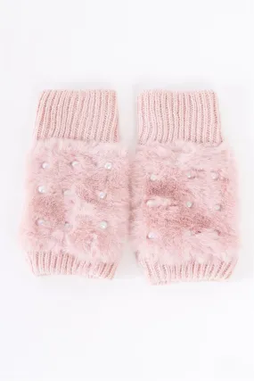 Pink Knit Furry Fingerless Pearl Detail Winter Gloves /3 Pieces