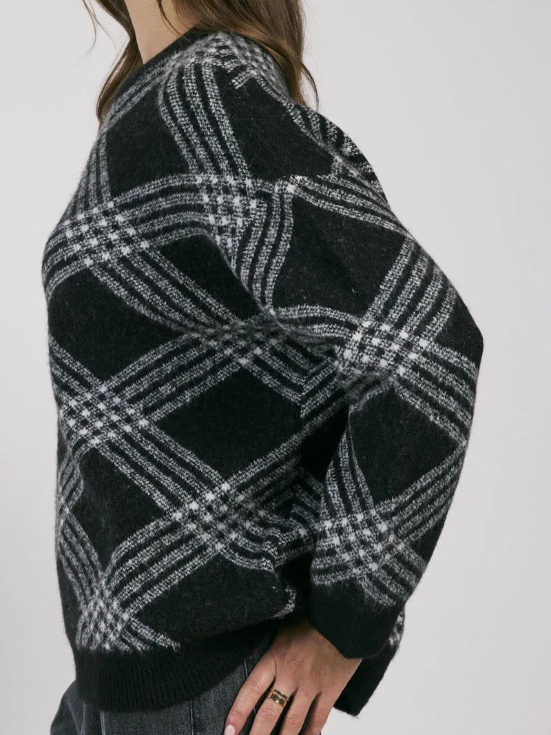 Plush Plaid Sweater - Black White