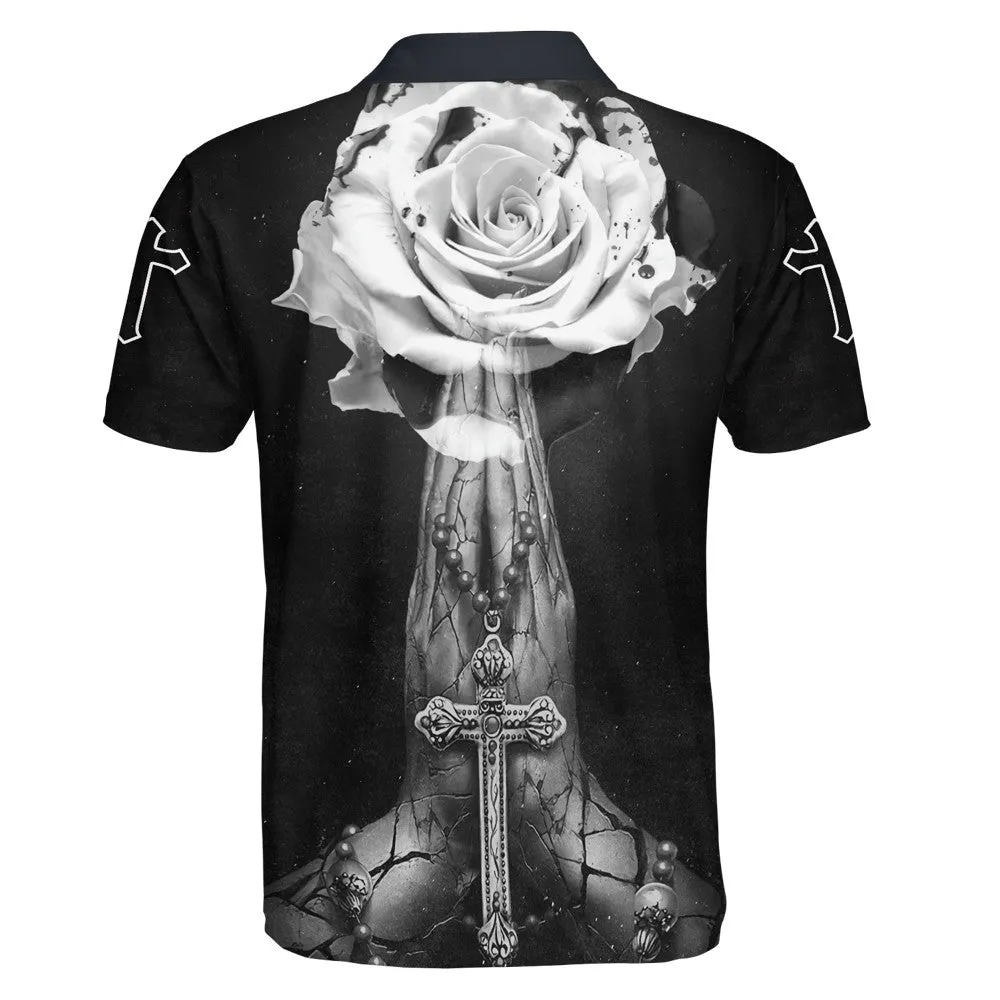 Praying Hands With Cross And Rose Fower Polo Shirt - Christian Shirts & Shorts