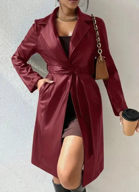 PU Long Sleeve Jacket Women's Slim Fit Long Trench jacket