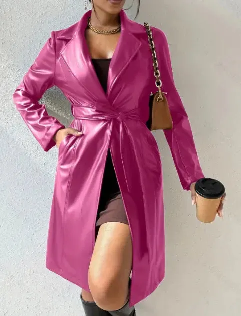 PU Long Sleeve Jacket Women's Slim Fit Long Trench jacket