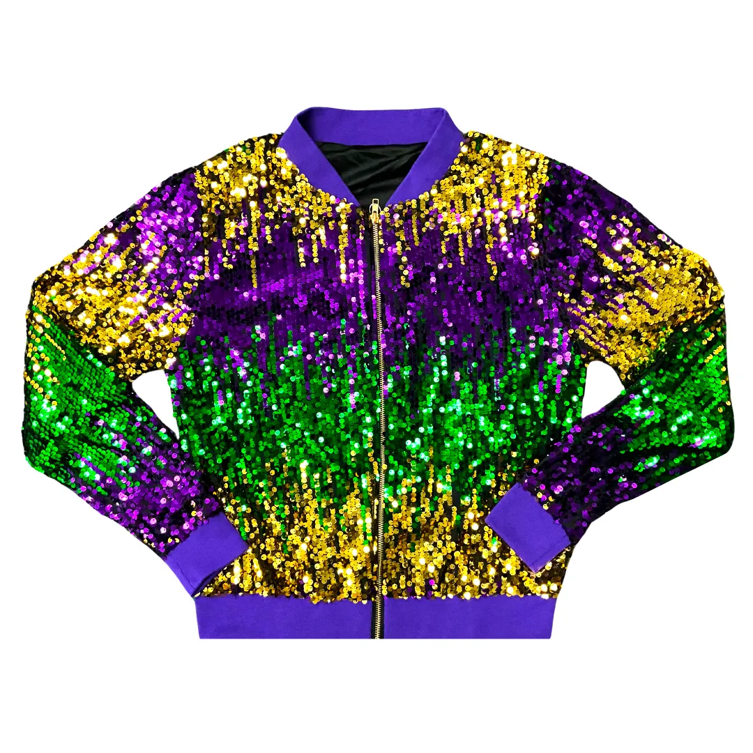 Purple, Green, and Gold Mardi Gras Ombre Sequin Bomber Jacket (Each)