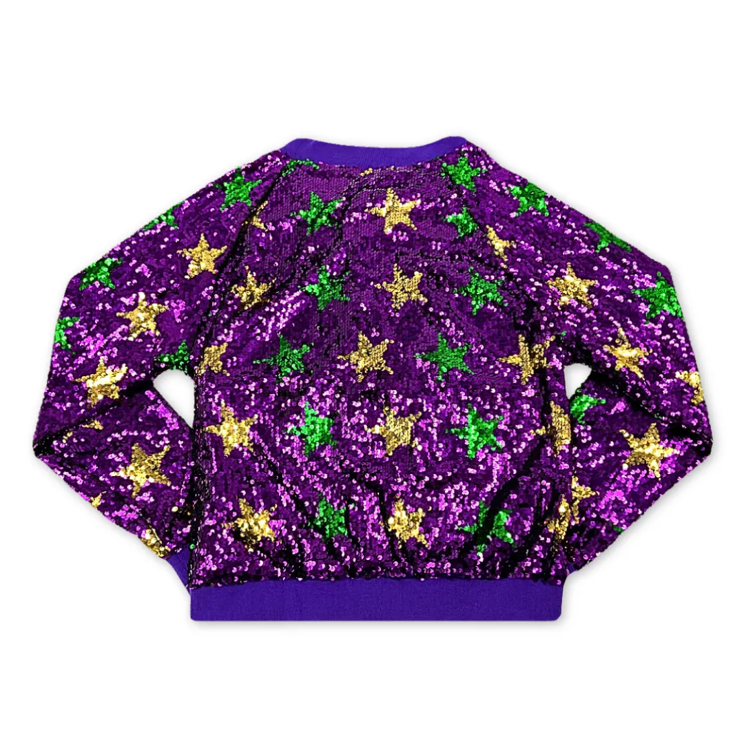 Purple, Green, and Gold Mardi Gras Stars Sequin Bomber Jacket (Each)