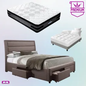 Queen Premium Package | Megan Bed Frame Light Grey, Luna Series Euro Top Mattress (Medium Firm) & Bamboo Mattress Topper!