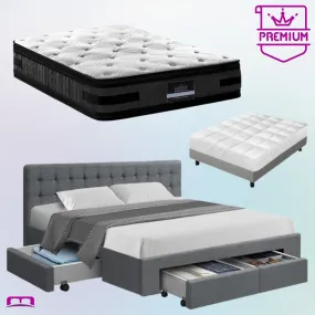 Queen Premium Package | Trinity Queen Bed Frame with Storage Grey, Luna Series Euro Top Mattress (Medium Firm) & Bamboo Mattress Topper!