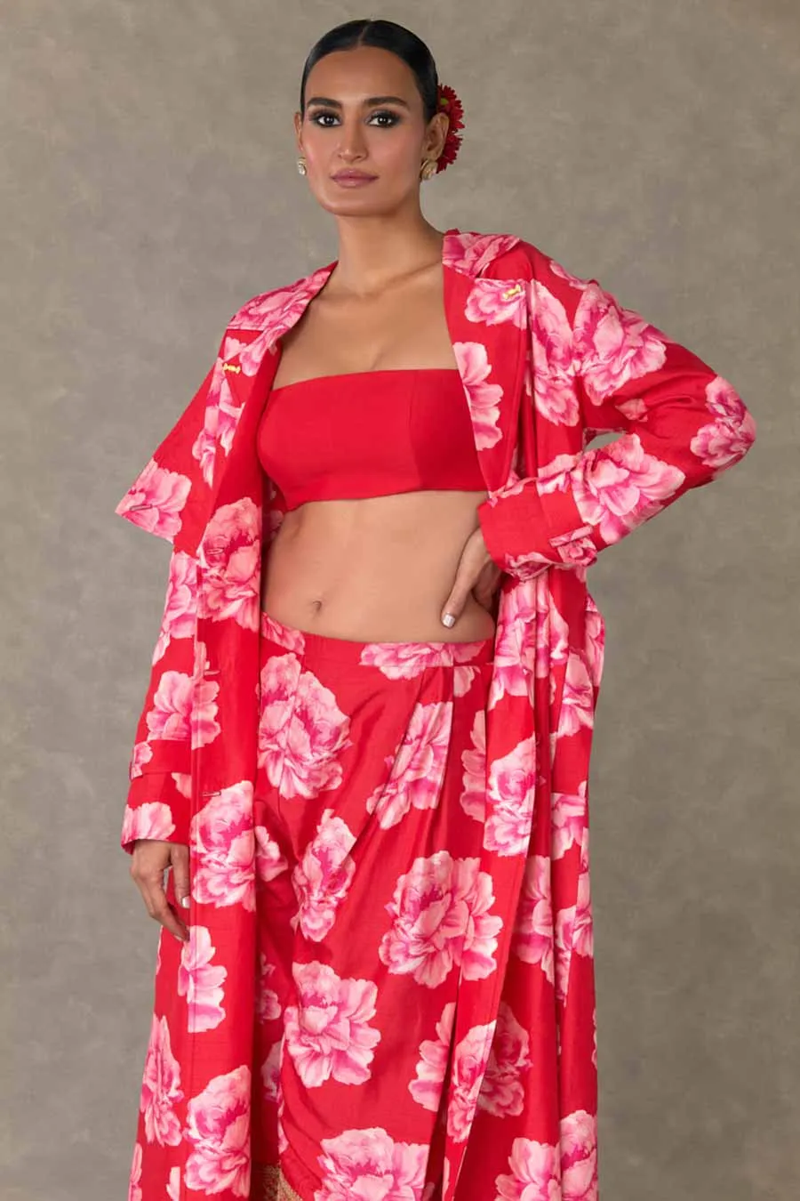 Red Nurvi Printed Trench Coat Co-ord Set