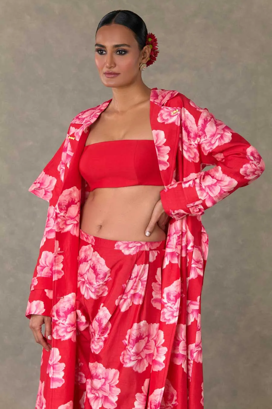 Red Nurvi Printed Trench Coat Co-ord Set