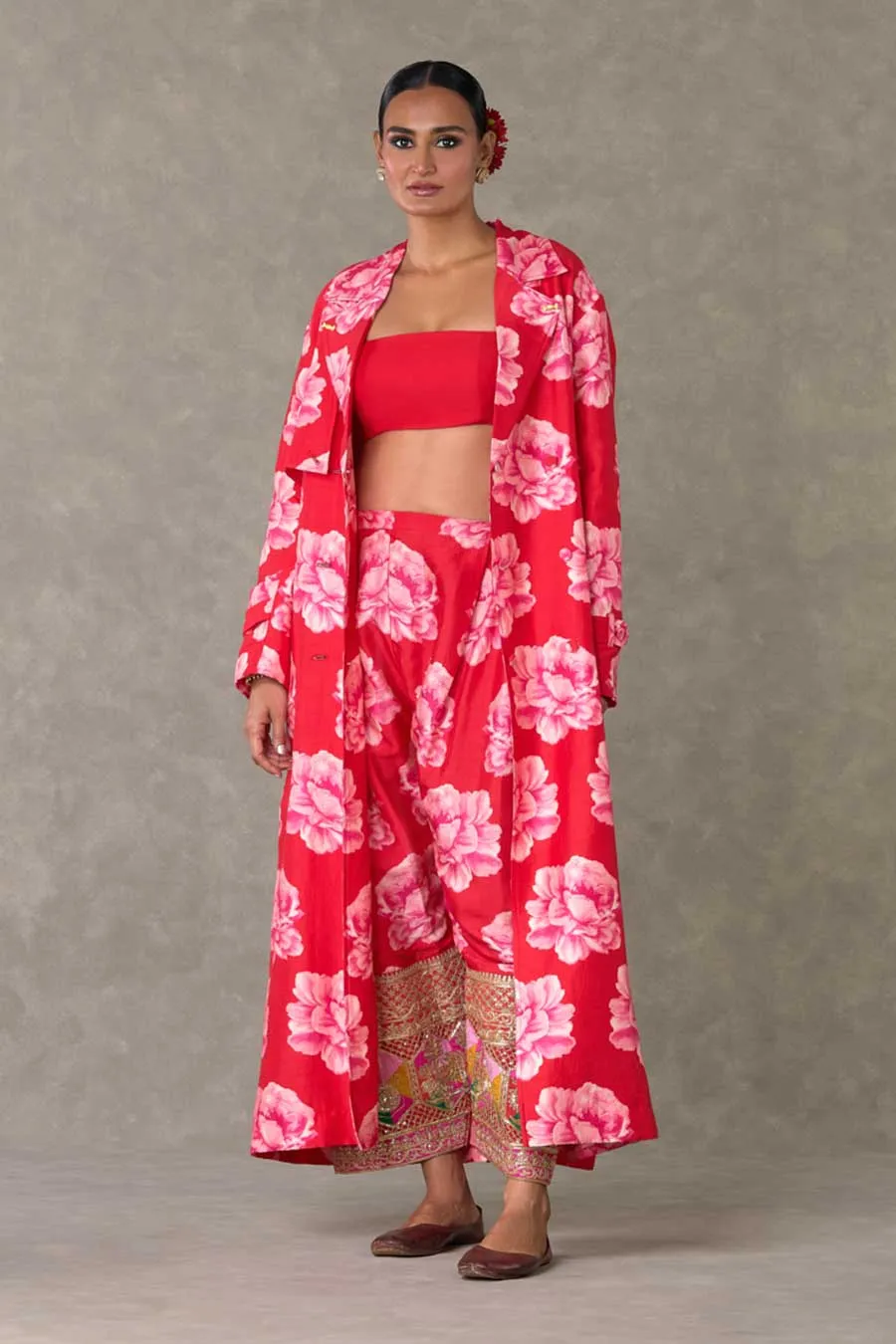 Red Nurvi Printed Trench Coat Co-ord Set