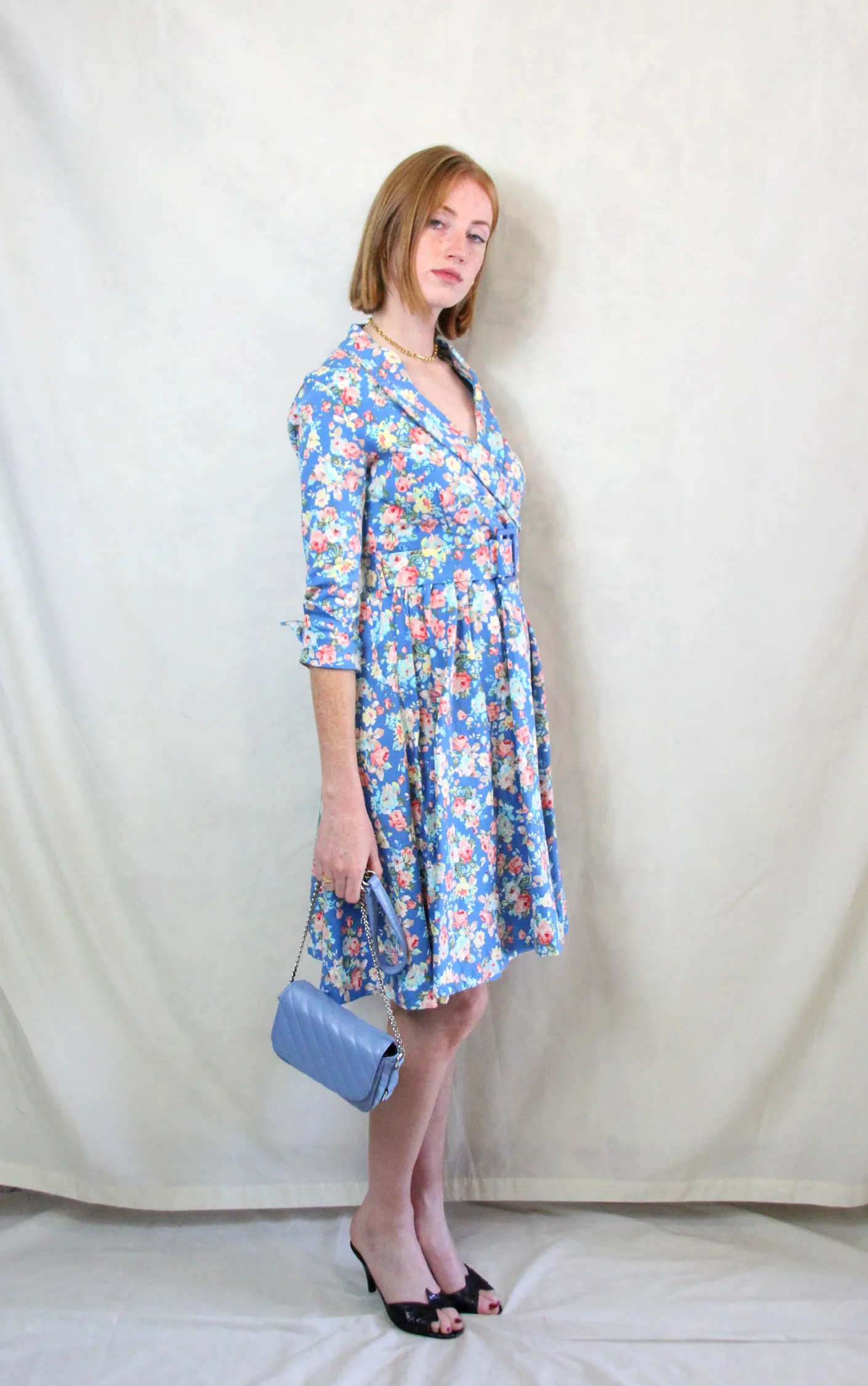 RENT Floral Sky Blue Midi 1950s Style Tea Dress