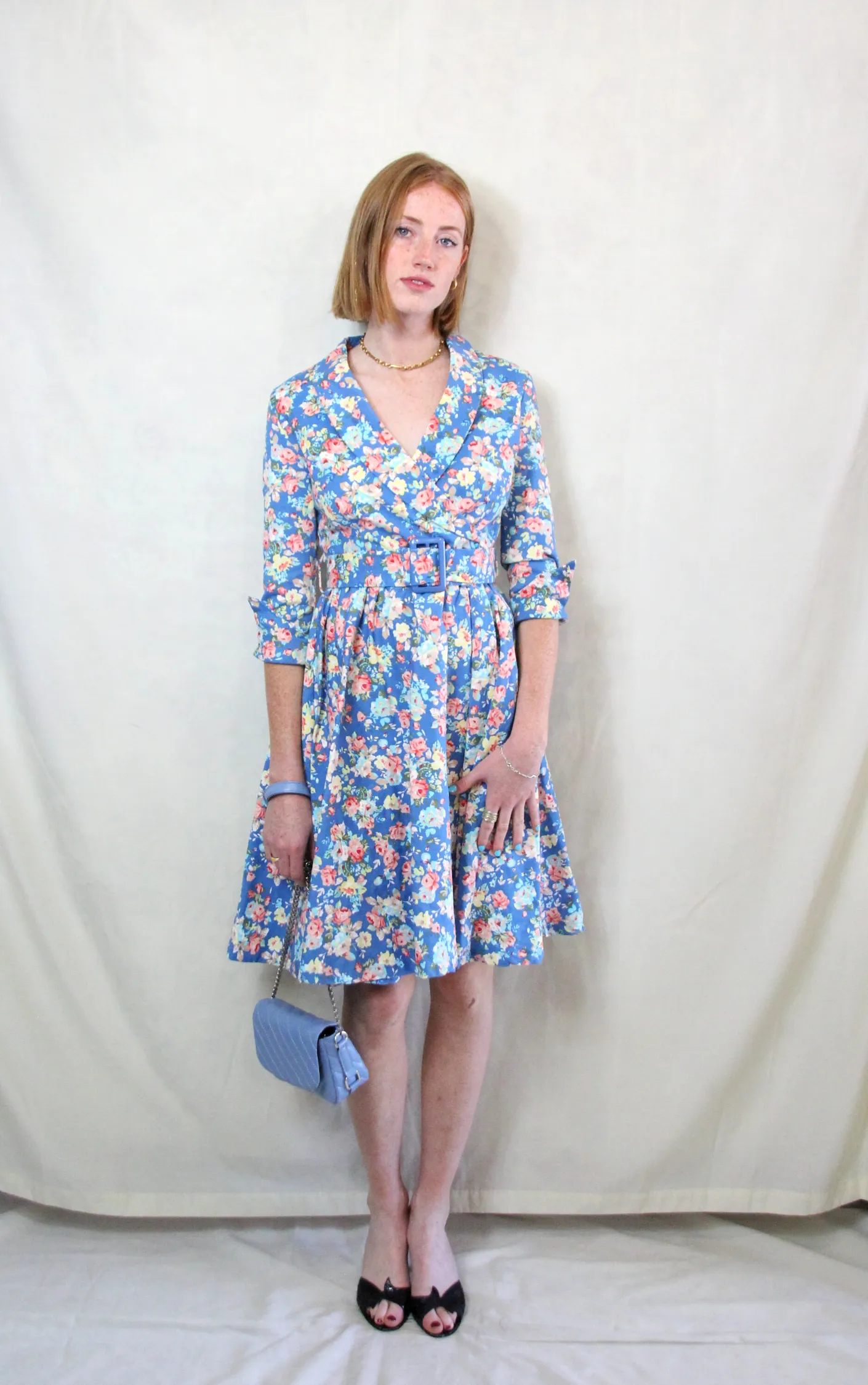 RENT Floral Sky Blue Midi 1950s Style Tea Dress