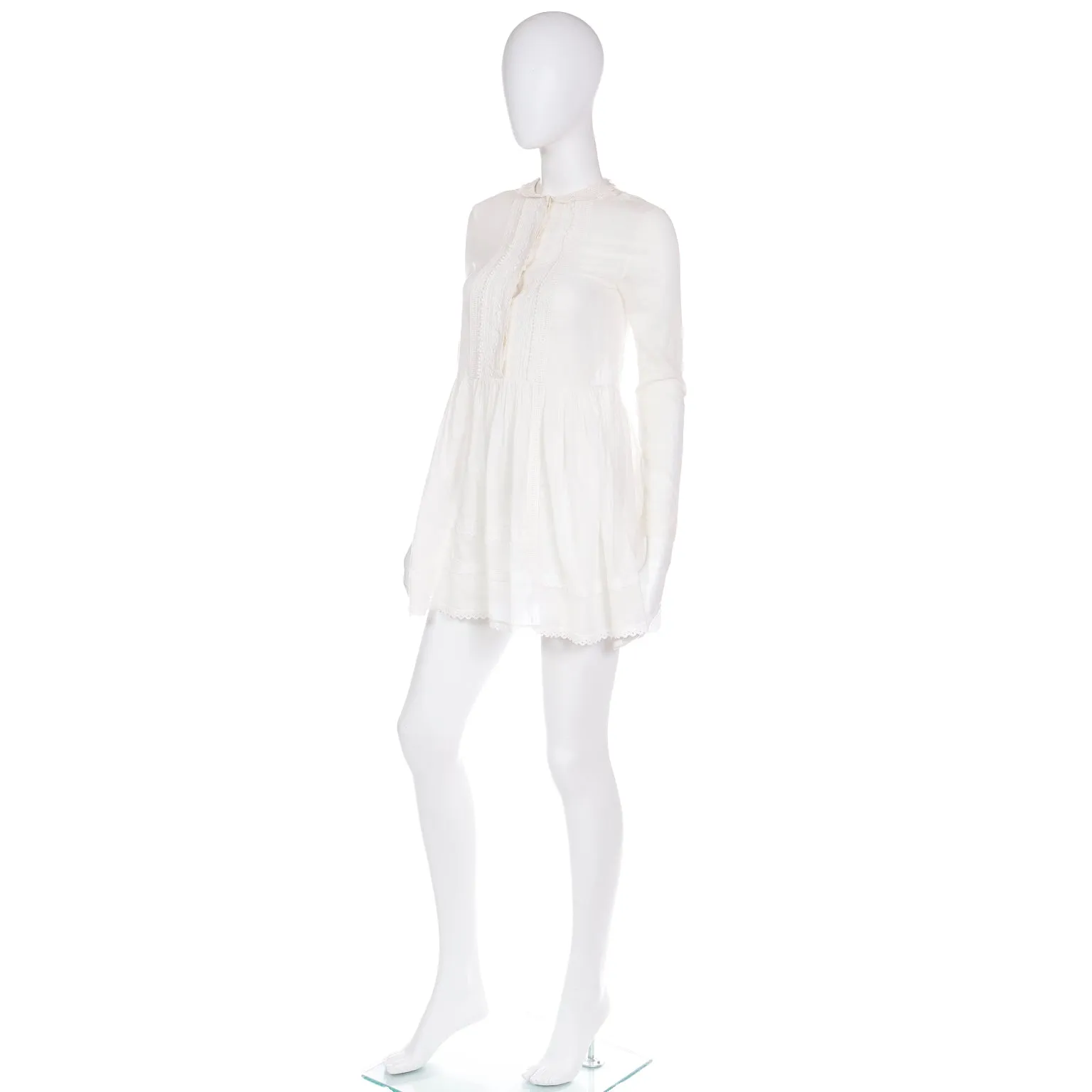 Saint Laurent Paris White Cotton Voile Lace Trimmed Babydoll Tunic Top