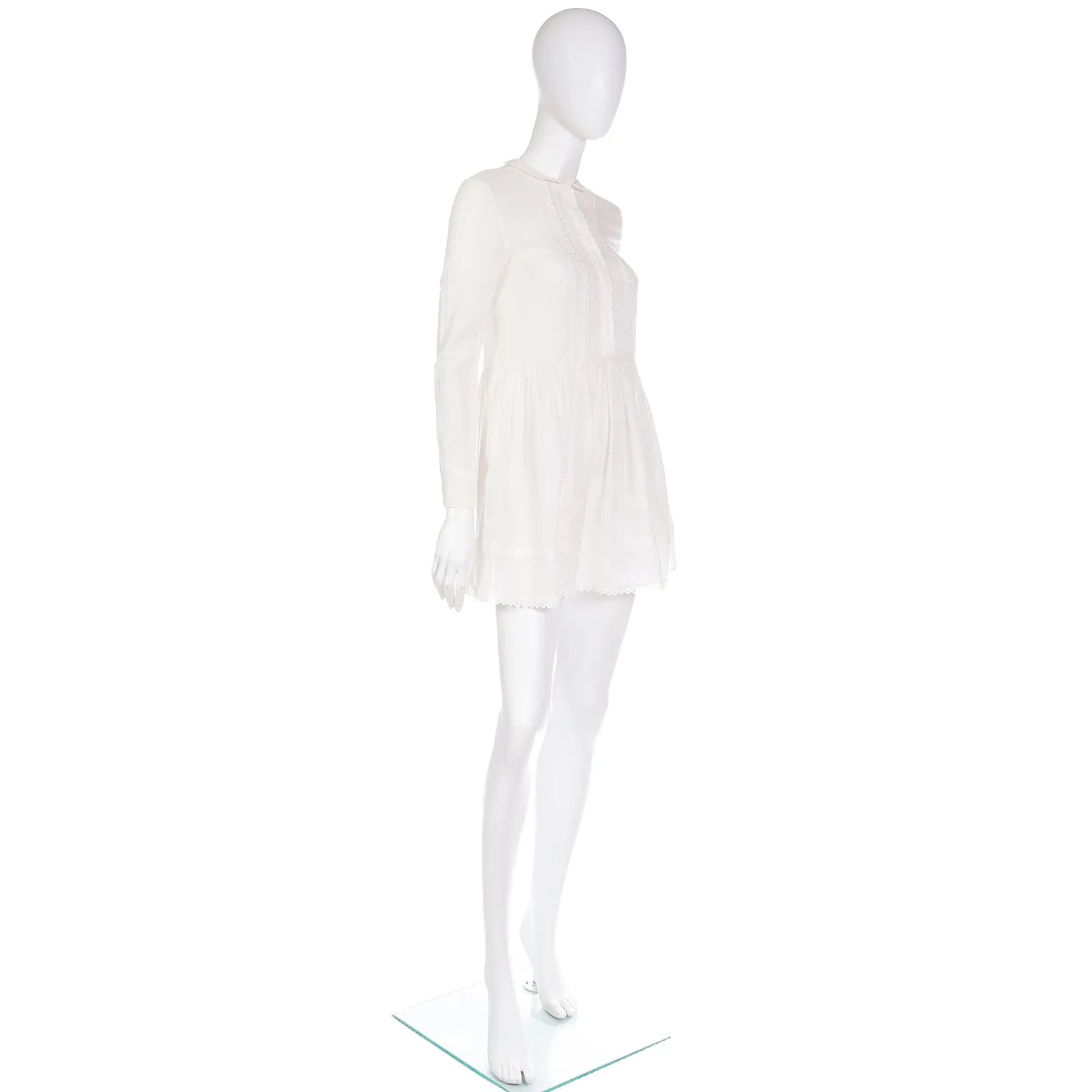 Saint Laurent Paris White Cotton Voile Lace Trimmed Babydoll Tunic Top