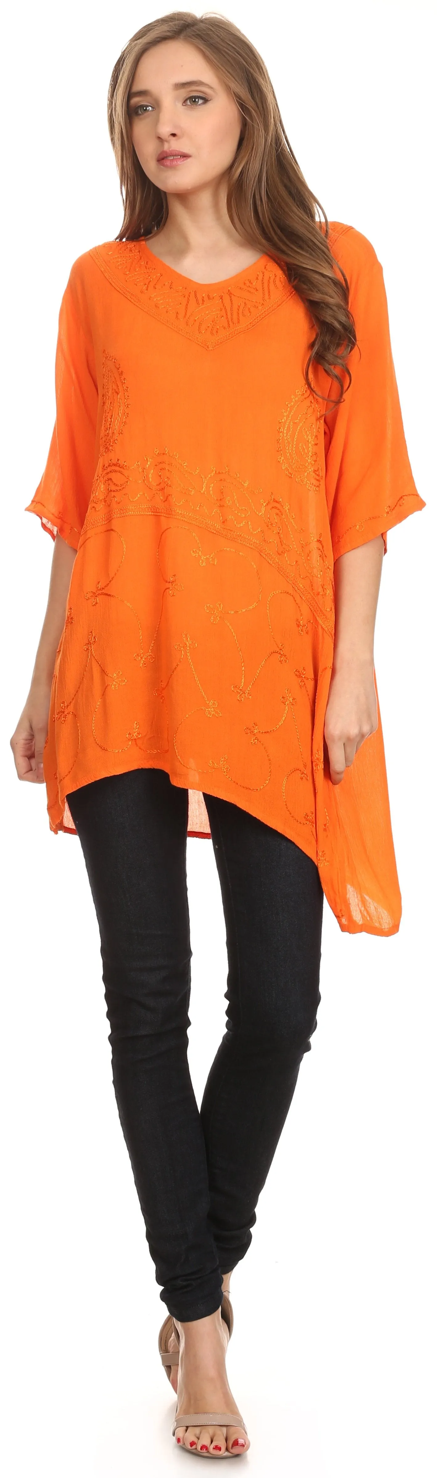 Sakkas Danta Lightweight Embroidered Asymmetrical Blouse With Mid Length Sleeve