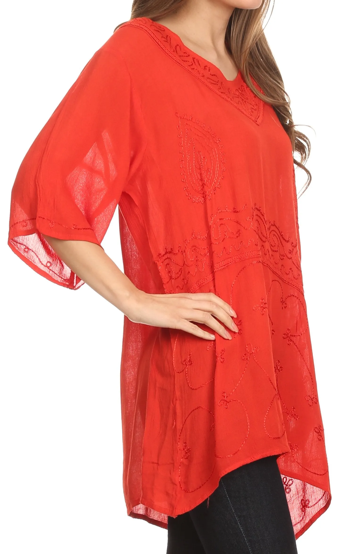 Sakkas Danta Lightweight Embroidered Asymmetrical Blouse With Mid Length Sleeve