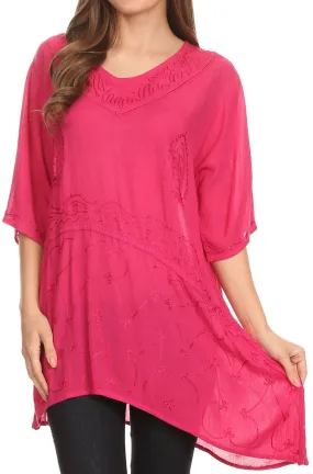 Sakkas Danta Lightweight Embroidered Asymmetrical Blouse With Mid Length Sleeve