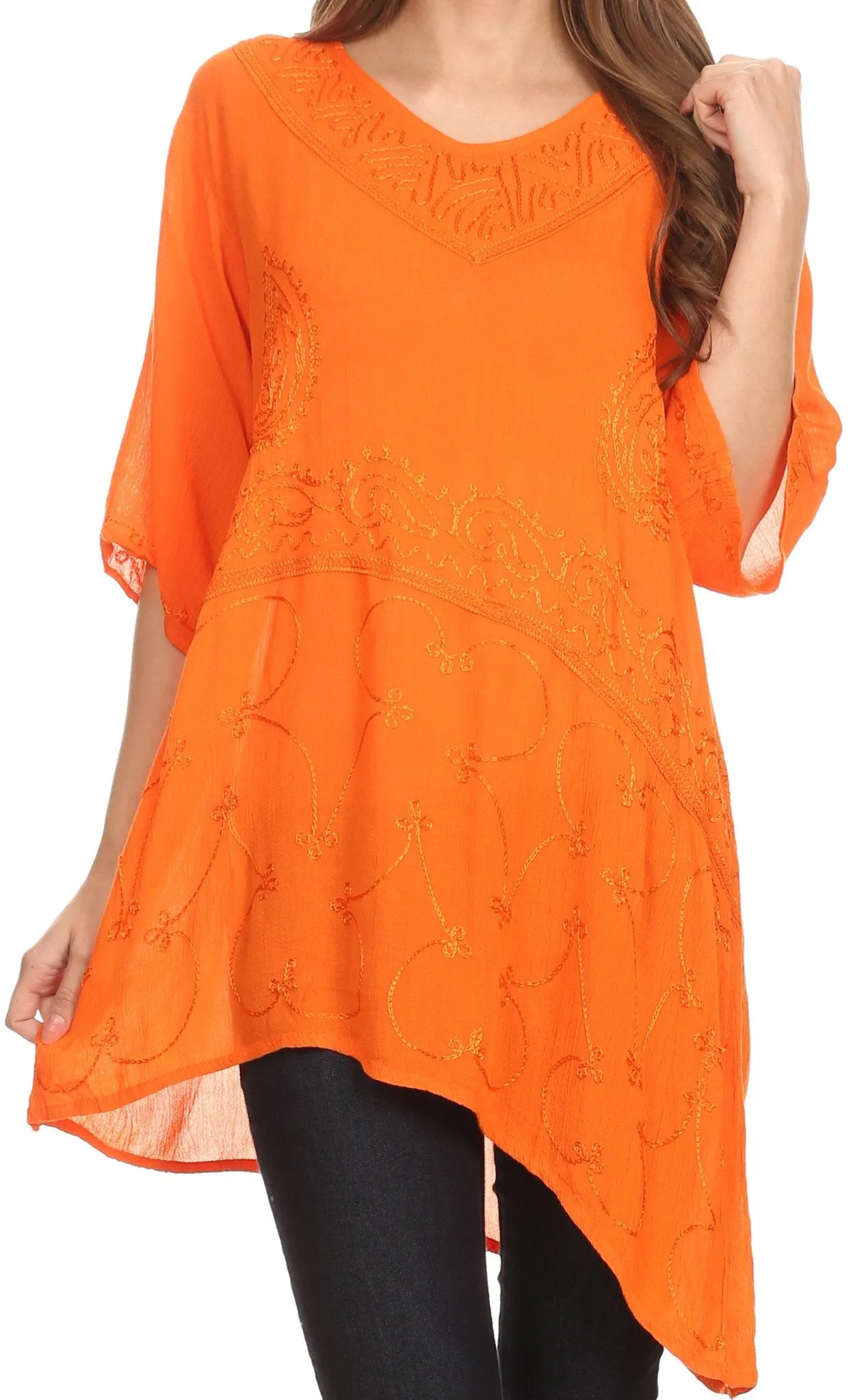 Sakkas Danta Lightweight Embroidered Asymmetrical Blouse With Mid Length Sleeve