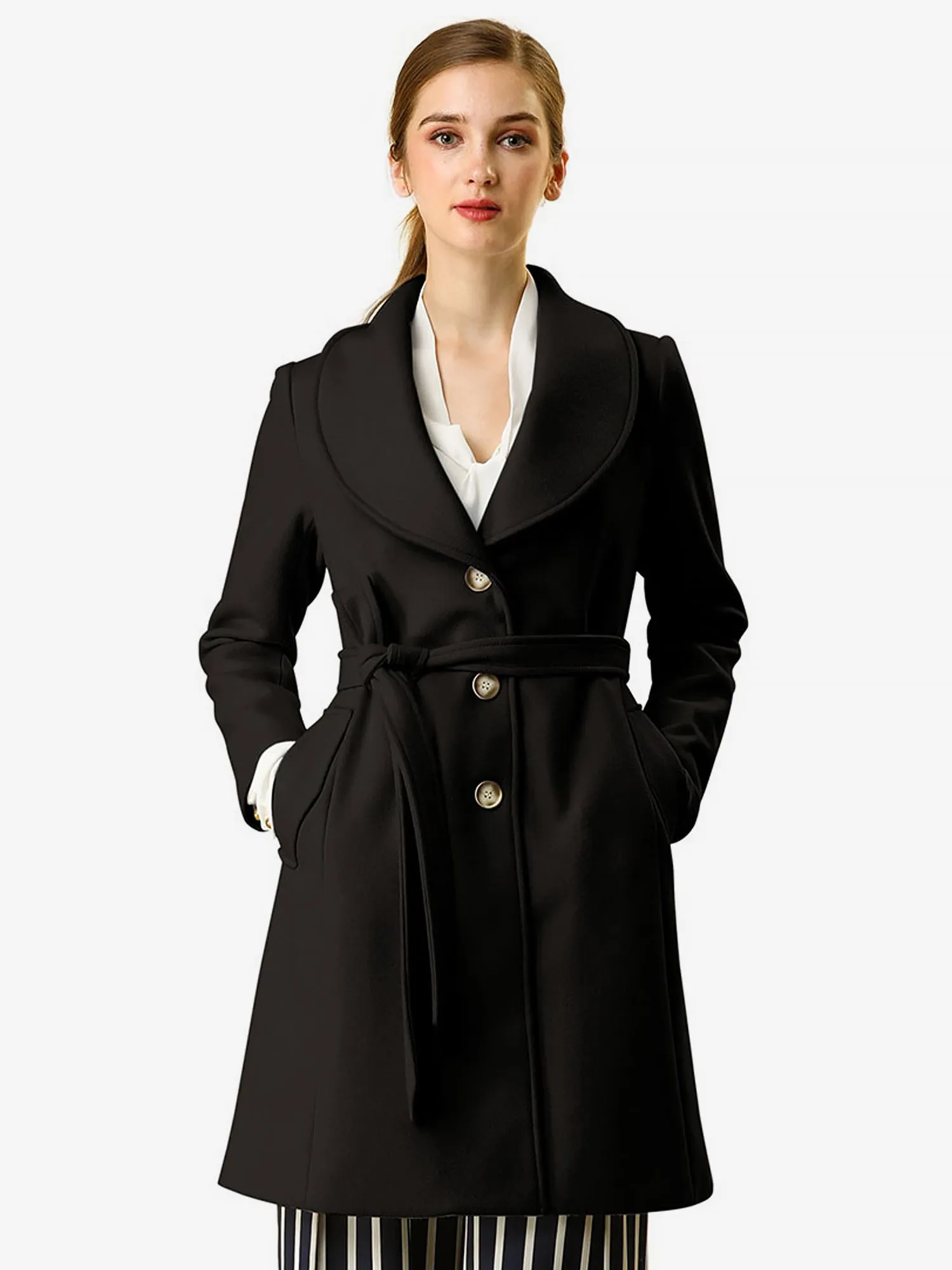 Shawl Collar Single Breasted Winter Long Belted Coat