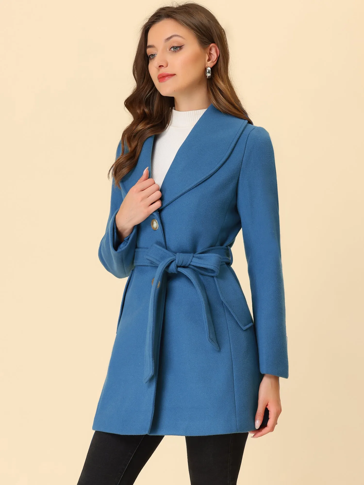 Shawl Collar Single Breasted Winter Long Belted Coat