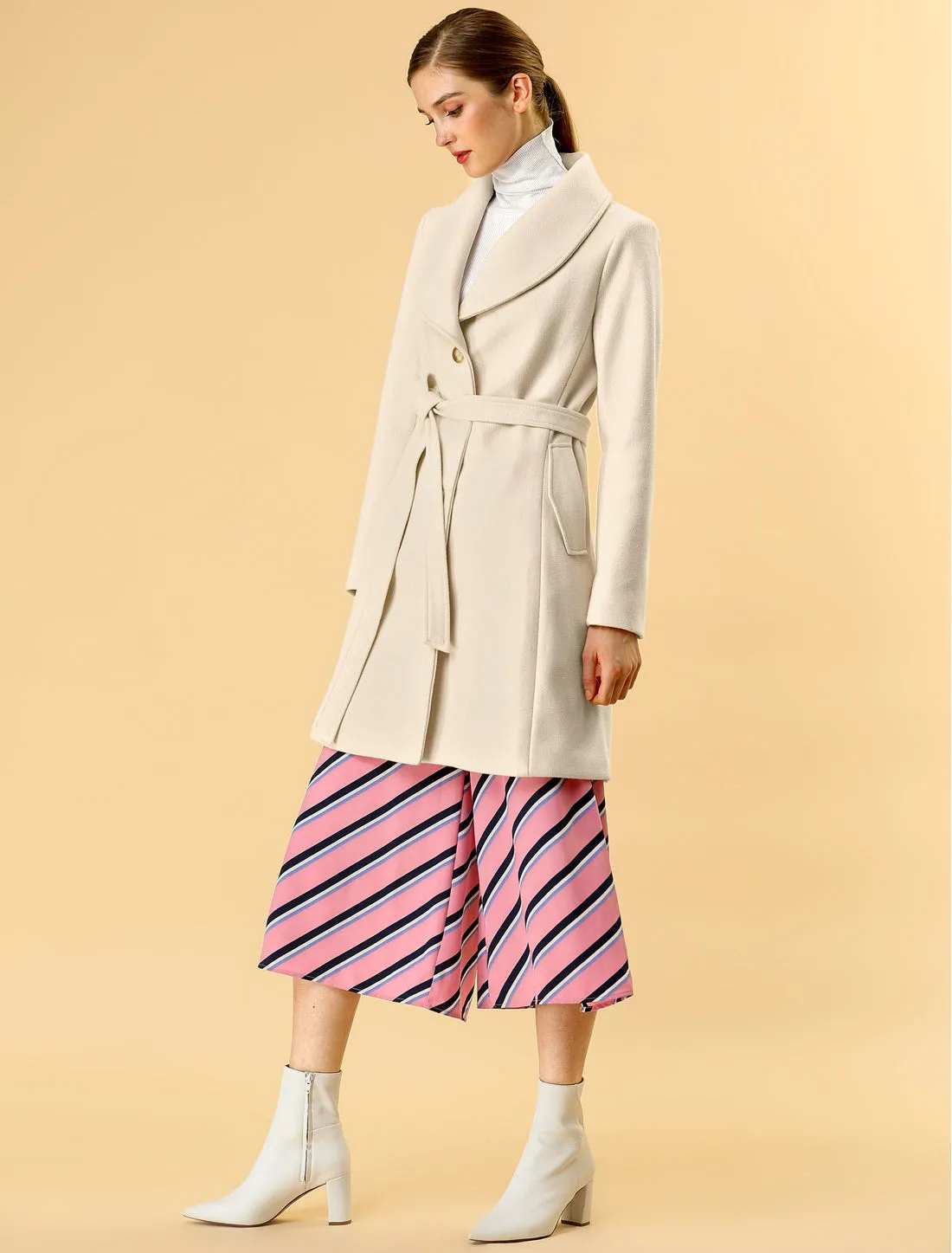 Shawl Collar Single Breasted Winter Long Belted Coat