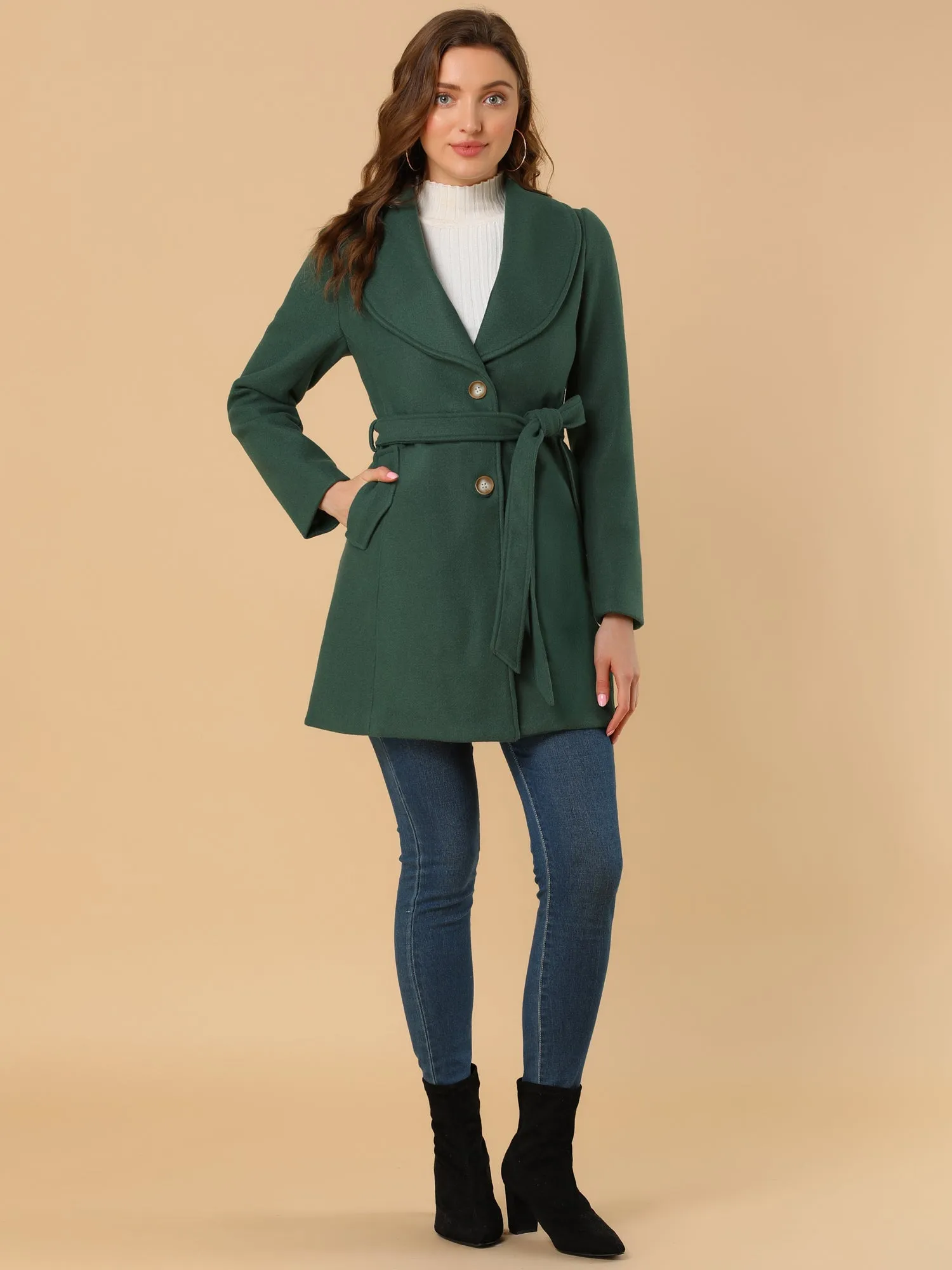 Shawl Collar Single Breasted Winter Long Belted Coat