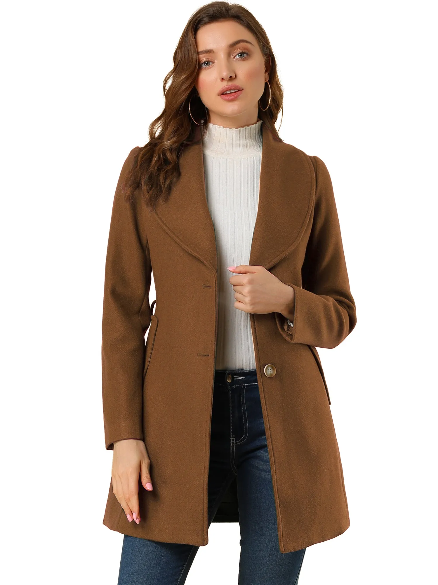 Shawl Collar Single Breasted Winter Long Belted Coat