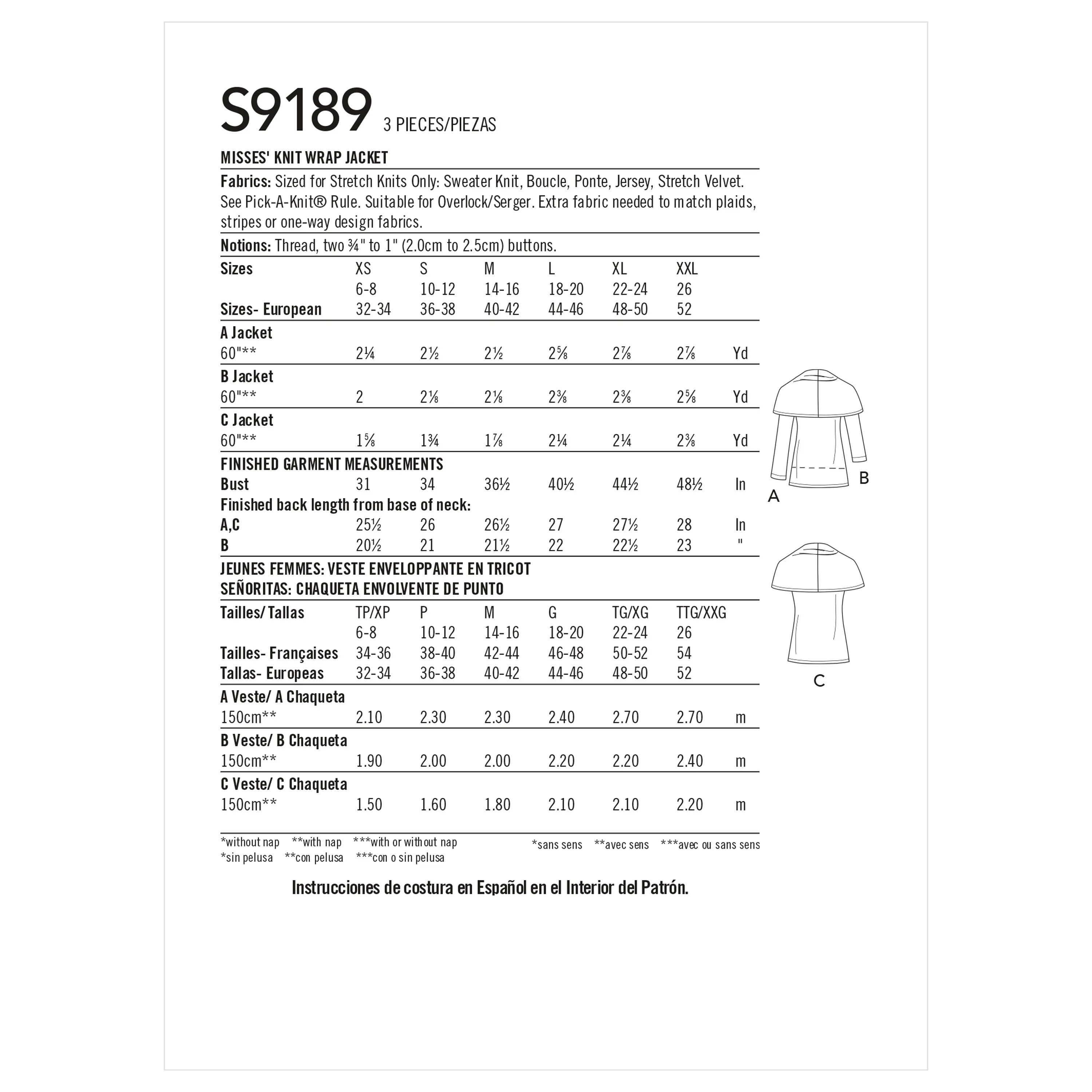 Simplicity Sewing Pattern S9189 Misses' Knit Wrap Jacket