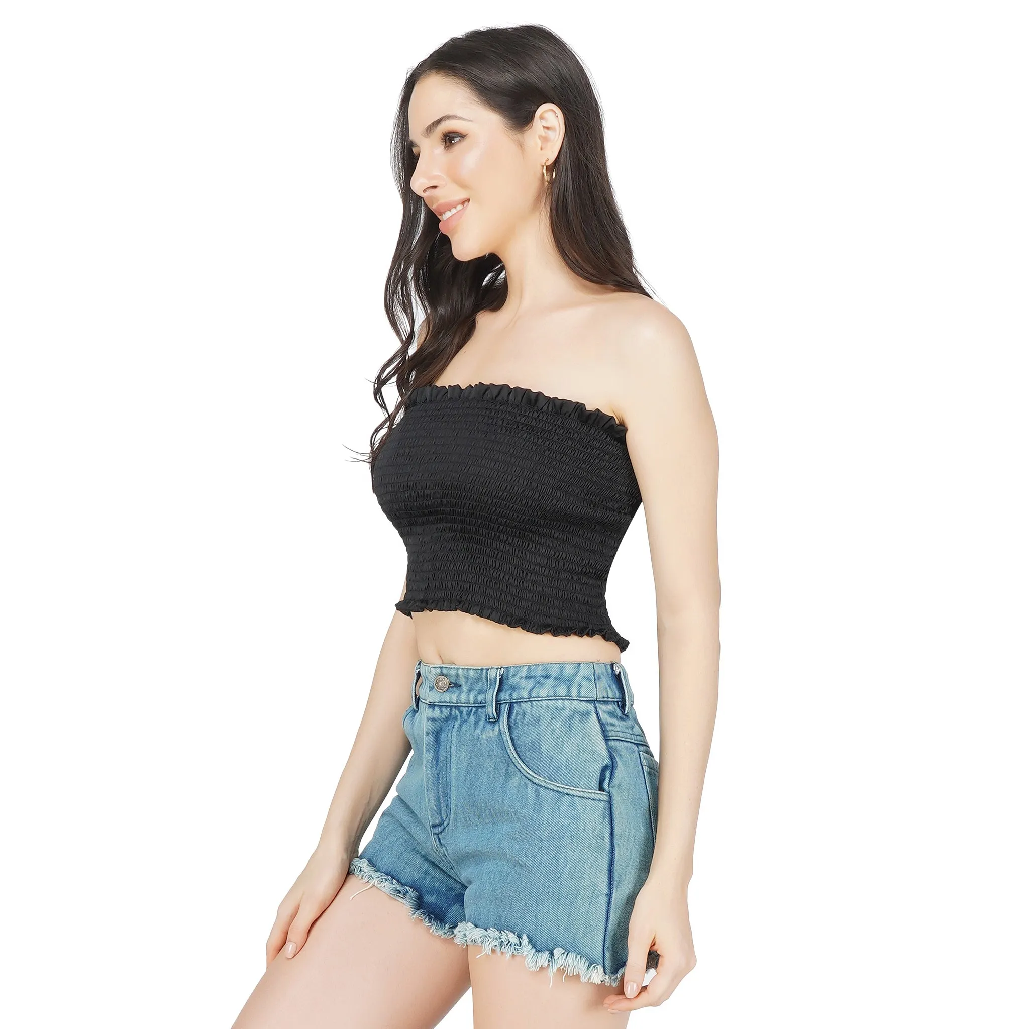 SLAY. Women's Black Strapless Smocked Tube Top