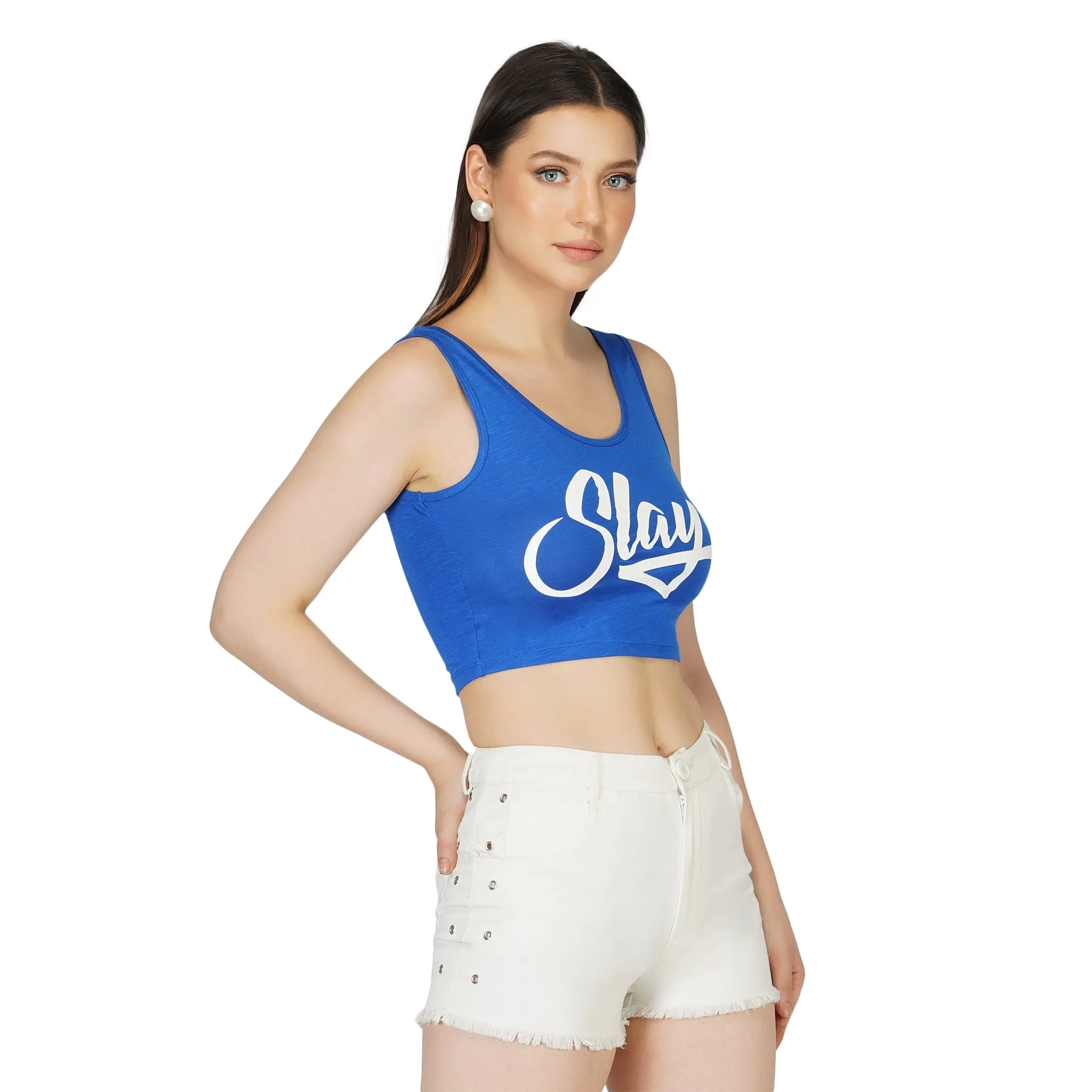 SLAY. Women's Neon Blue Printed Crop Top