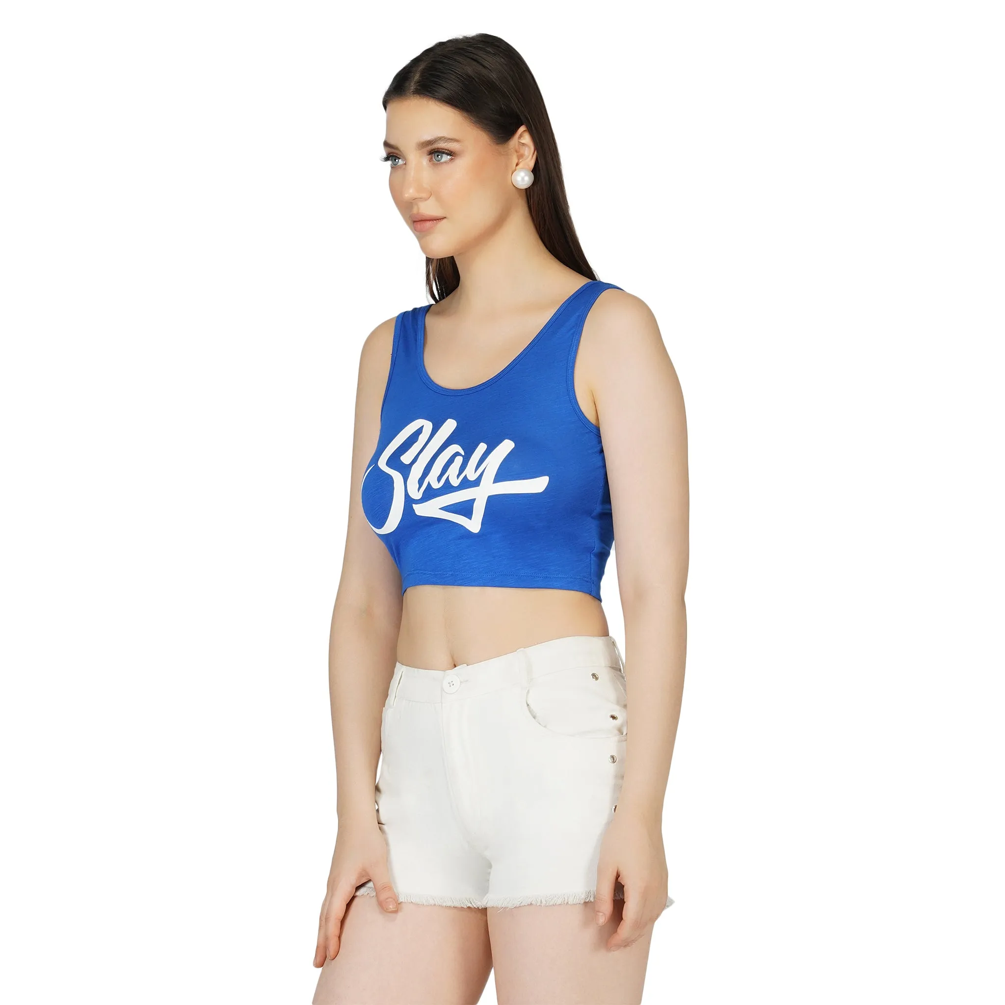 SLAY. Women's Neon Blue Printed Crop Top