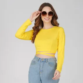 SLAY. Women's Yellow Full Sleeves Crop Top with Back Wrap around Strings