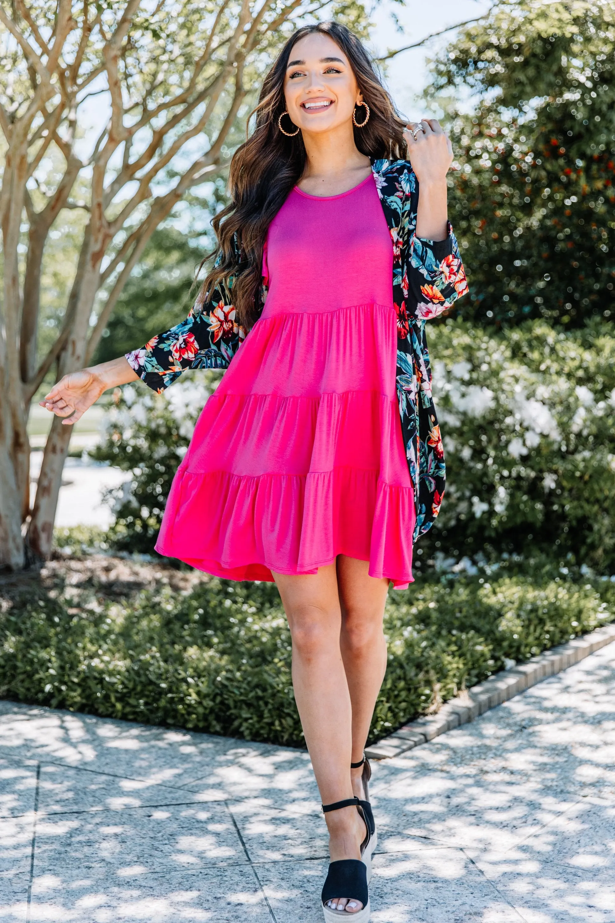 Stay With You Always Fuchsia Pink Tiered Dress